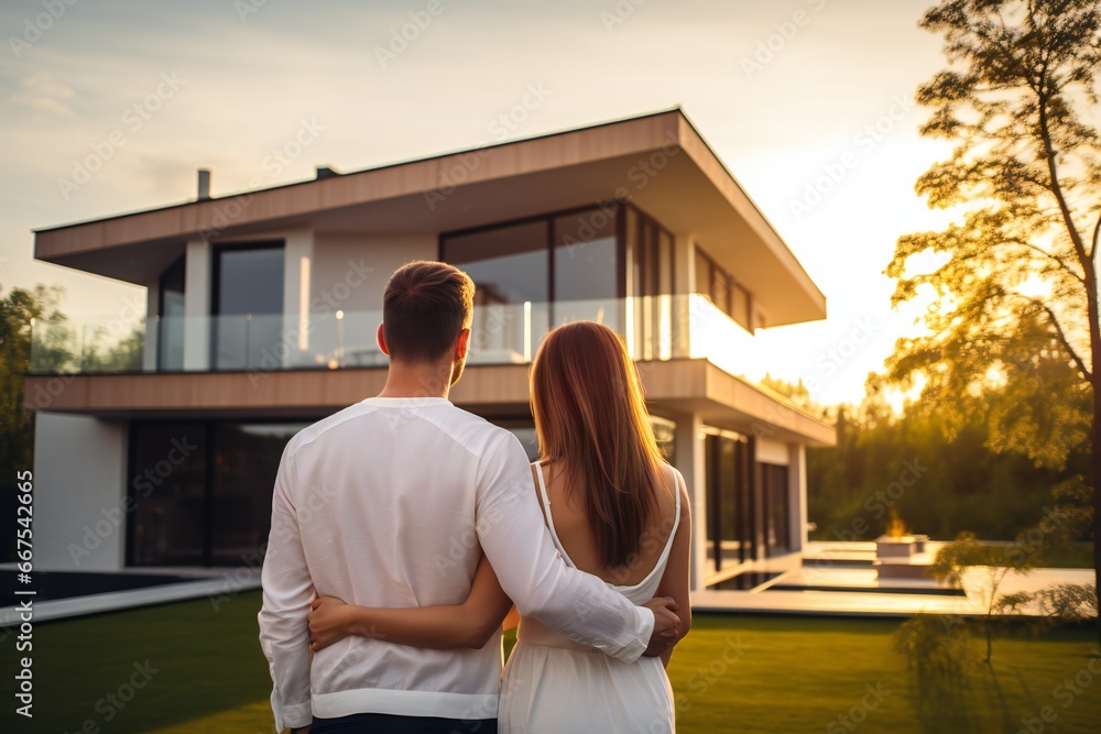 Couple embracing in front of their new big modern house, rear view. Buying your dream home. Mortgage, home loan concept Couple embracing in front of their new big modern house, rear view. Buying your dream home. Mortgage, home loan concept