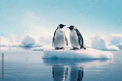 penguin couple stand on ice floe in winter landscape