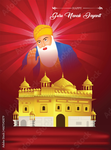 Lord Guru Nanak dev for Indian festival Gurpurab prakash parv celebration with golden temple vector illustration photo