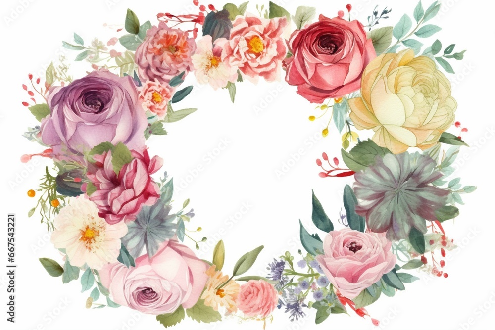 Colorful floral design with roses, peonies and whimsical flowers in a wreath, frame or border, perfect for weddings. Generative AI