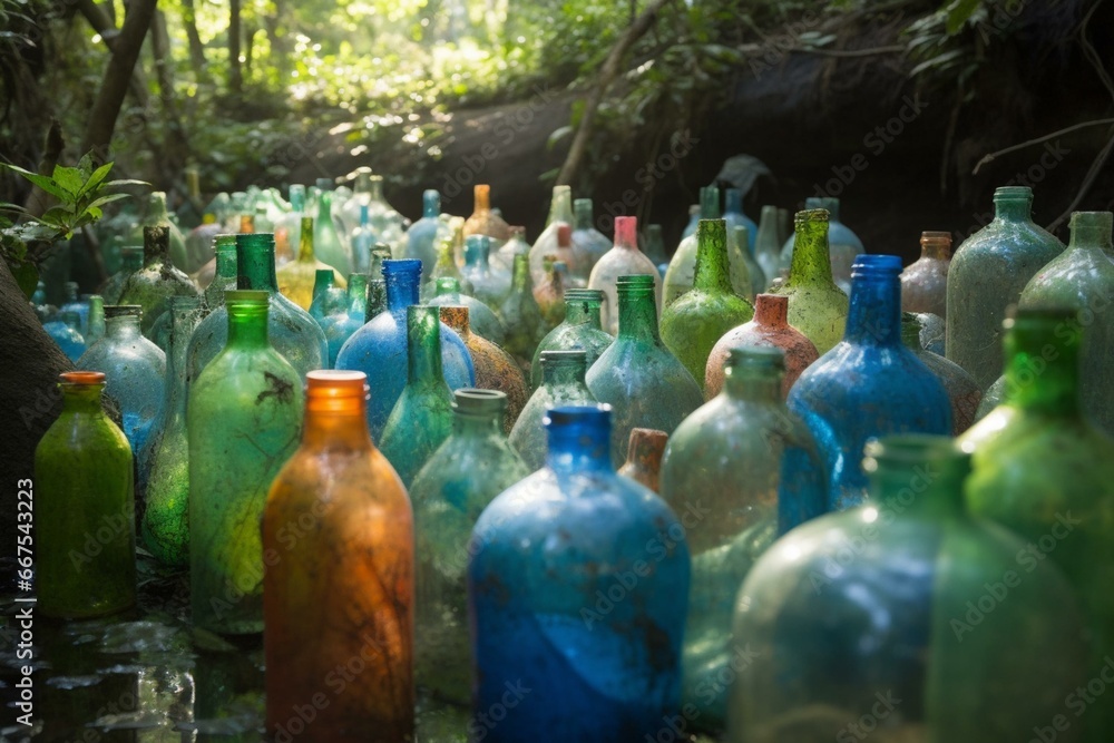 A painted forest and clean water enclosed in a plastic bottle. Generative AI
