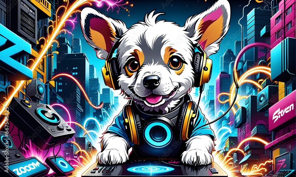 A Graffiti Illustration of a Robo Puppy with Headphones (JPG 300Dpi 12000x7200)