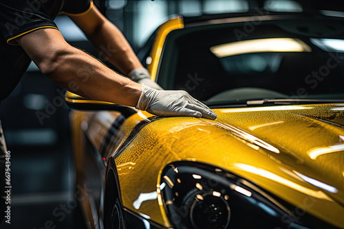Car detailing series : Worker in protective gloves polishing a car