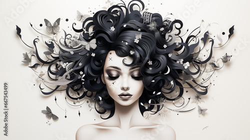 Beautiful elegant woman with black curly hair on abstract background. Sensuality. Life is fragile.