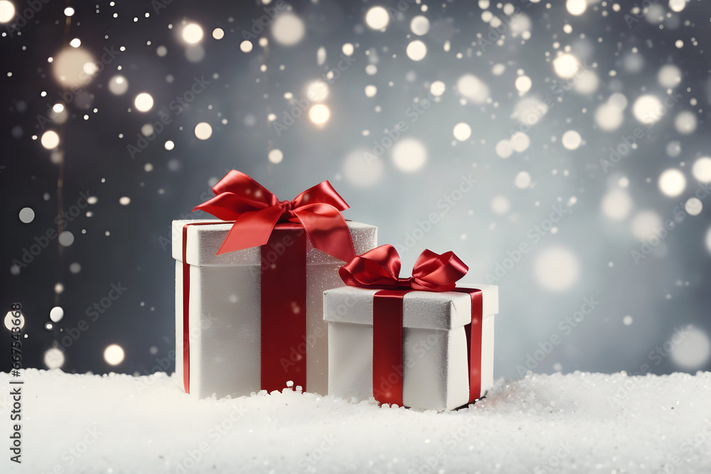 Christmas gift group with red ribbon on snow covered surface, snowfall and abstract background with sparkling lights and snowflakes. Christmas gift group with red ribbon on snow covered surface, snowfall and abstract background with sparkling lights and snowflakes.
