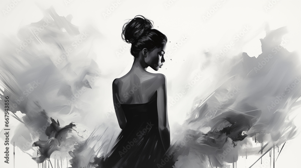Silhouette of a beautiful woman in a black dress on abstract background. Broken world. Silhouette of a beautiful woman in a black dress on abstract background. Broken world.