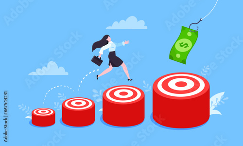 Businesswoman runs and jumps from small target goal to reach bigger target goal achievement flat style design vector illustration. Career growth and ladder of success path objective business concept.