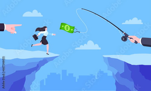 Fishing money chase business concept with businesswoman running after dangling dollar jumps over the cliff. Working hard and always busy in the loop routine flat style design vector illustration.