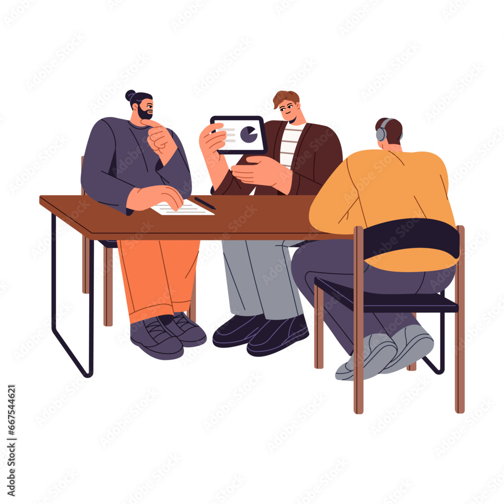 Team work on table, communicate about business process. Managers, analysts discuss presentation, analysis diagrams. People on teamwork meeting. Workshop flat isolated vector illustration on white