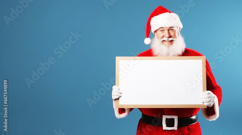 Santa Claus pointing in blank advertisement banner isolated on white background with copy space © lelechka