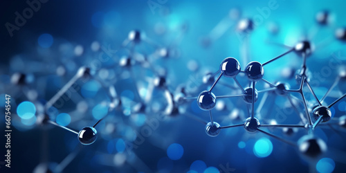 Horizontal banner with a glass model of a molecule A close up of a DNA strand with green and yellow dots Blue liquid background HD 8K wallpaper.AI Generative