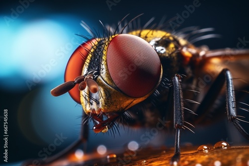 Generative AI : Close up of the red eyes of the green fly © The Little Hut