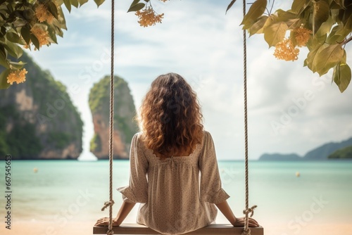 Generative AI : Traveler woman relaxing on swing above Andaman sea Railay beach Krabi
