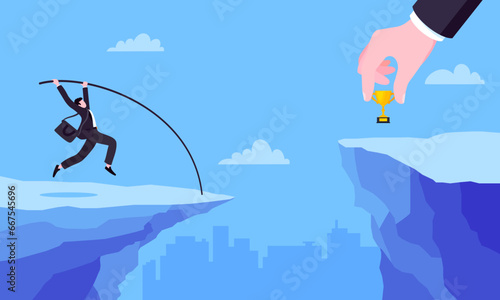Businessman jumps pole vault over graph bars flat style design vector illustration business concept. Business growth and goal achievement concept.