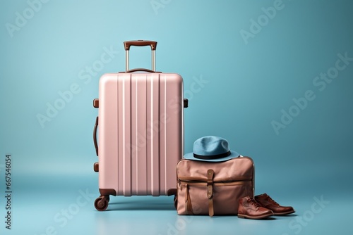 Generative AI : Happy Asian woman traveler sitting on floor with luggage and holding mobile phone isolated on pink background photo