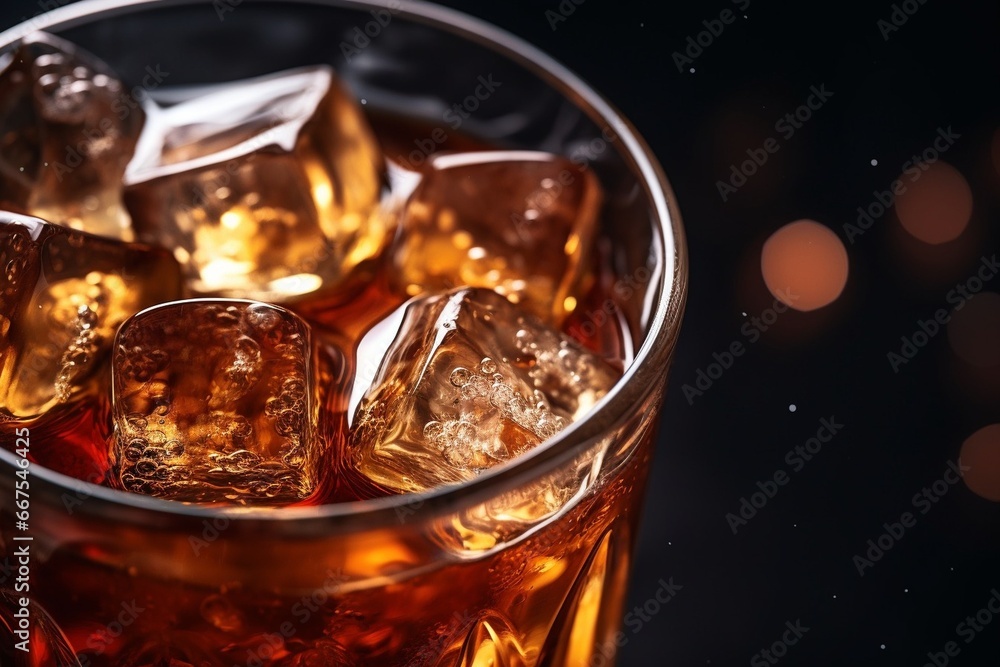 Generative AI : macro soft drink,Glass of tasty refreshing cola with ice cubes on black background, closeup,Cola close-up - obrazy, fototapety, plakaty 
