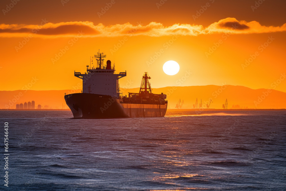 cargo à la sortie du port près des côtes au couché du soleil