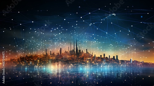 abstract background of the network and electronic symbols  gravity-defying landscape  data visualization  vibrant skyline  realistic usage of light and color. generative AI