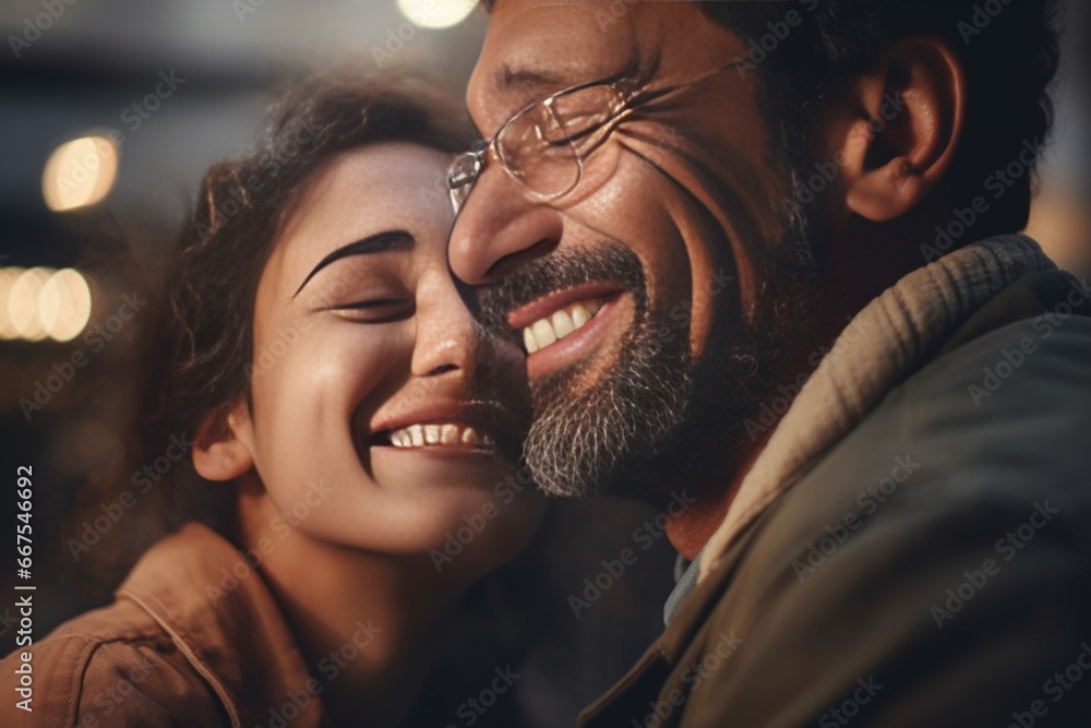 Generative AI Close up headshot loving elderly father stroking overjoyed daughter head, family