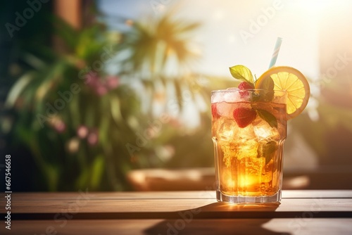 Generative AI : Bright Healthy Berries Cocktails on Table on Beach with Blue Sea on Background. Concept of Summer Vacations at Maldives or Caribbean Resorts. Fresh Fruit Ice Cold Drinks for Hot Weathe