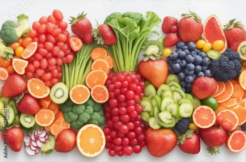 A fresh fruits and vegetables on a white background. A healthy and colorful choice for your diet.Created with generative AI