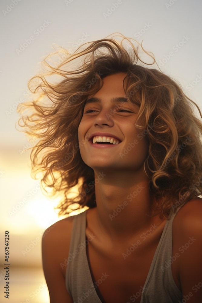 Generative AI : teenage boy age 19 with short light brown tousled hair hazel eyes, running on a breathtakingly beautiful tropical beach at sunset