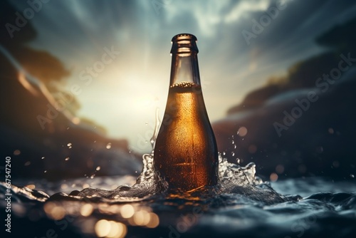 Generative AI : Cold wet open beer bottle with smoke floating in the ocean photo