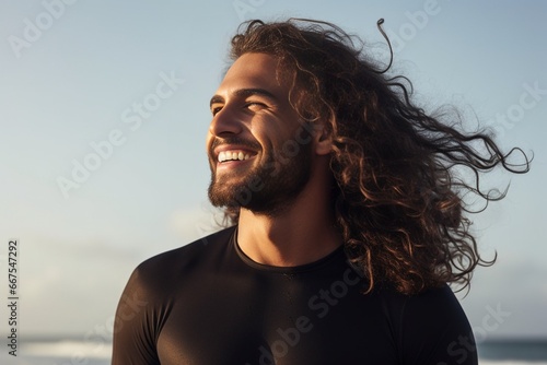Generative AI : Young caucasian man with long hair and sportive body, walking with surf board on the beach