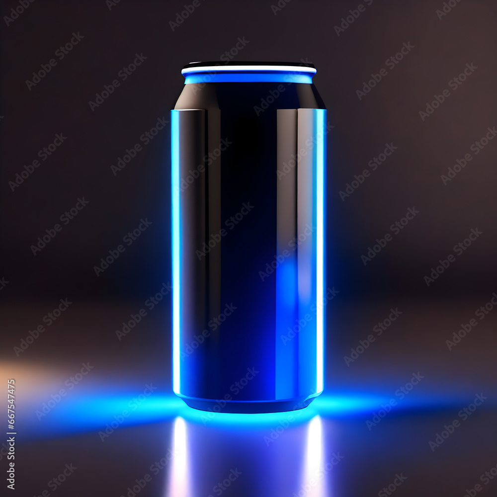a sleek black cold drink can illuminated by a captivating blue light effect a sleek black cold drink can illuminated by a captivating blue light effect