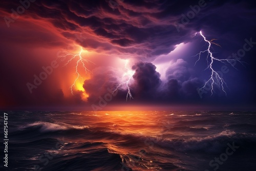 Generative AI : cloudy lightning over the ocean at sunset
