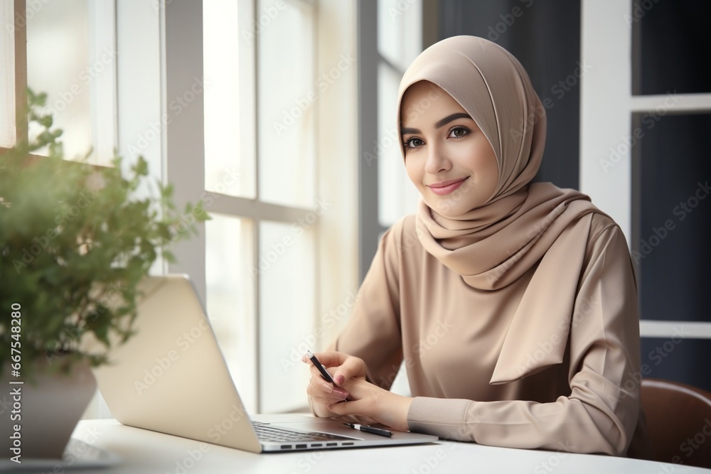 Generative AI : Selective focus image of Asian little girl wear hijab and frowning Generative AI : Selective focus image of Asian little girl wear hijab and frowning