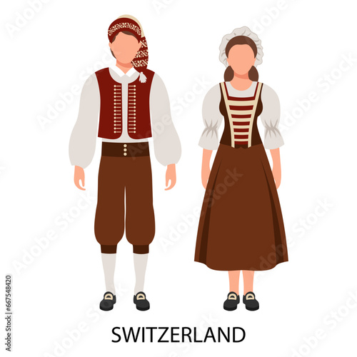A couple of a man and a woman in Swiss folk costumes. Culture and traditions of Switzerland. Illustration, vector