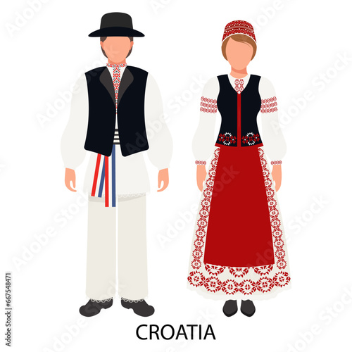 A couple of a man and a woman in Croatian folk costumes. Culture and traditions of Croatia. Illustration, vector