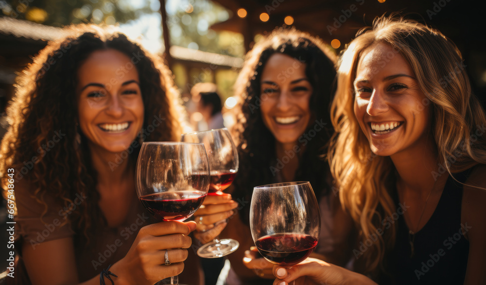 Friends making cheers with red wine in glasses at farm Friends making cheers with red wine in glasses at farm