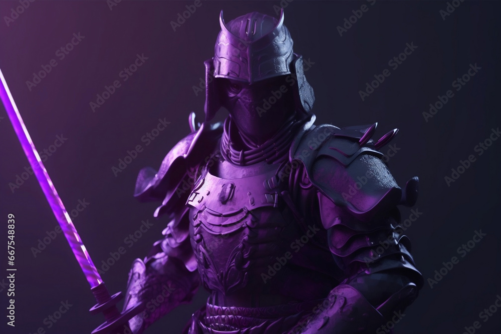 Male samurai hero character in futuristic crafted armor in purple generative ai