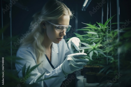 Young woman scientist conducts research on strains of medicinal marijuana, female power, generative ai photo
