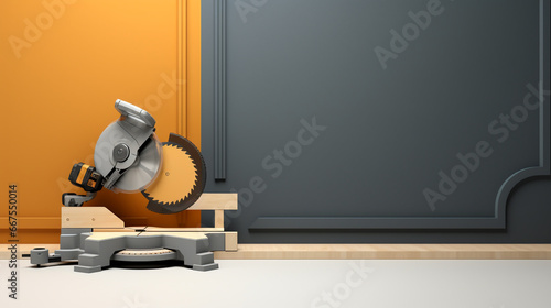 Power Miter Saw, 3D illustration on minimalist grey yellow background with copy space photo