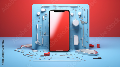 Repair tools around generic smartphone on blue red background. 3D illustration.