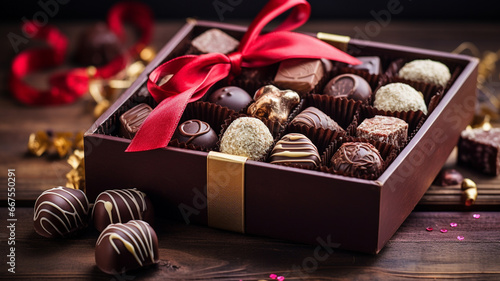 valentine 's day concept. gift boxes with chocolate and red heart on wooden background