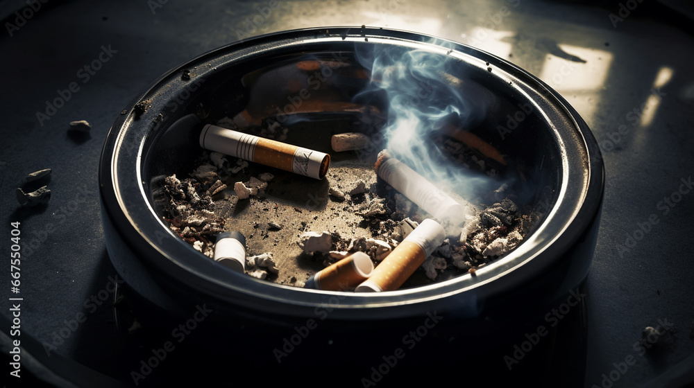 Closeup of cigarette on ashtray with a beautiful wisp of smoke Closeup of cigarette on ashtray with a beautiful wisp of smoke
