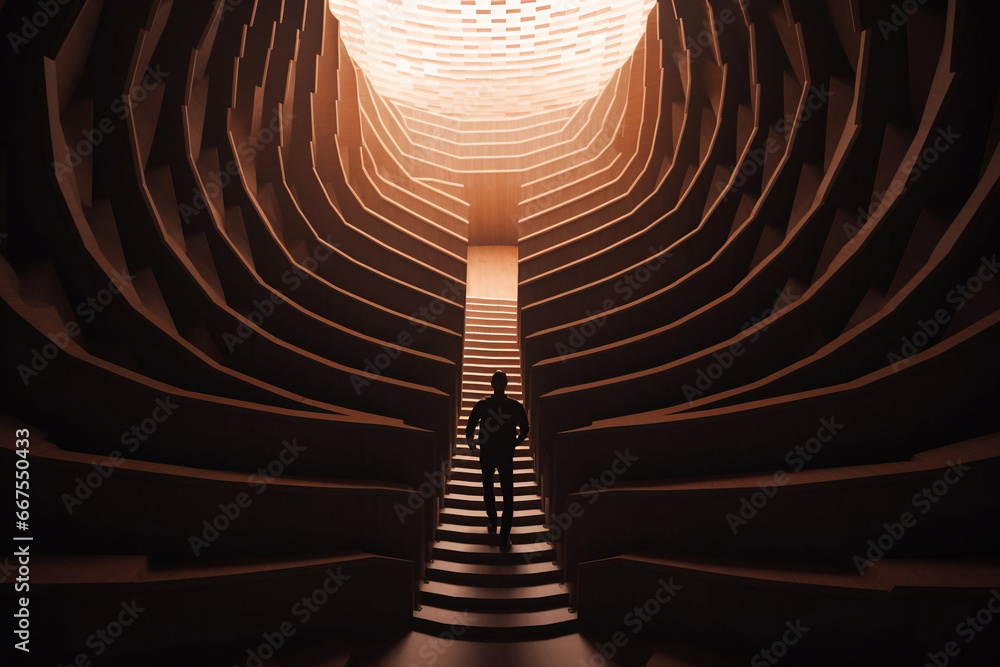 Magical infinite staircase and person standing on it generative ai - obrazy, fototapety, plakaty 