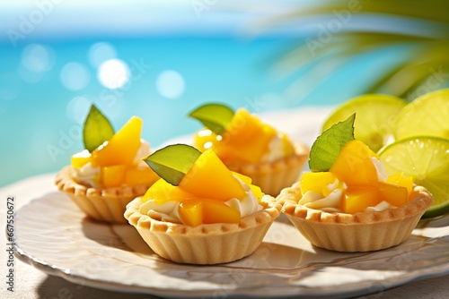 Mango Lime Tartlets , Close-Up Shot, Light White Beach Caribbean Background