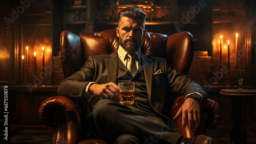 handsome man in vintage clothes and smoking cigar sitting in armchair