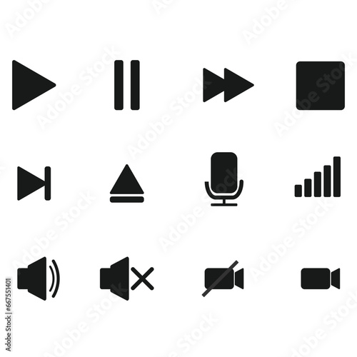 Audio, video, music player button icon. Sound control, play, pause button solid icon set. Camera, media control, microphone interface pictogram. Vector illustration.