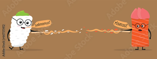 Sushi friends doing magic, casting spells. Cute sushi cartoon character vector design. Kawaii food character design. Cartoon japanese food