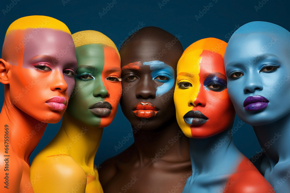 Obraz premium Palette of hidden identities: Meeting of painted women's faces and shaved heads of Afro-descendants. Concept of protest and unity celebrating Individuality and cultural heritage.