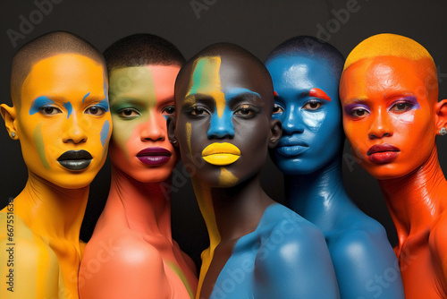 Palette of hidden identities: Meeting of painted women's faces and shaved heads of Afro-descendants. Concept of protest and unity celebrating Individuality and cultural heritage.