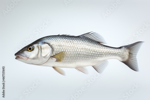 A isolated sea bass fish on white with space. Generative AI