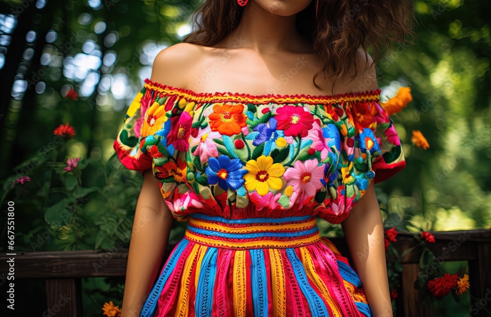 closeup bright color embroidered flower pattern Mexican style shoulder dress, Generative Ai