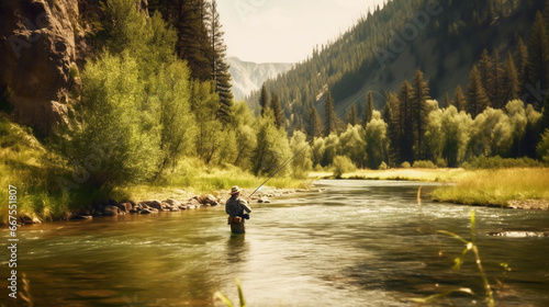 Young man flyfishing at sunrise